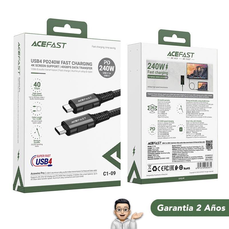 ACEFAST C1-09 Cable Tipo C / USB 4.0 40Gbps / 240 Watts PD