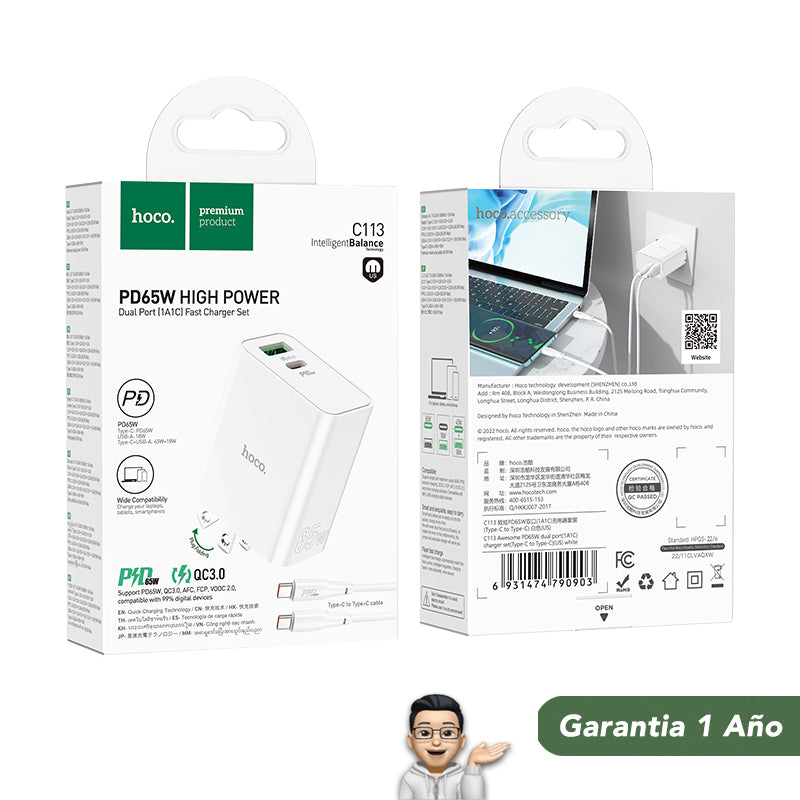 HOCO C113 Cargador Super Rápido 65 Watts + Cable Tipo C