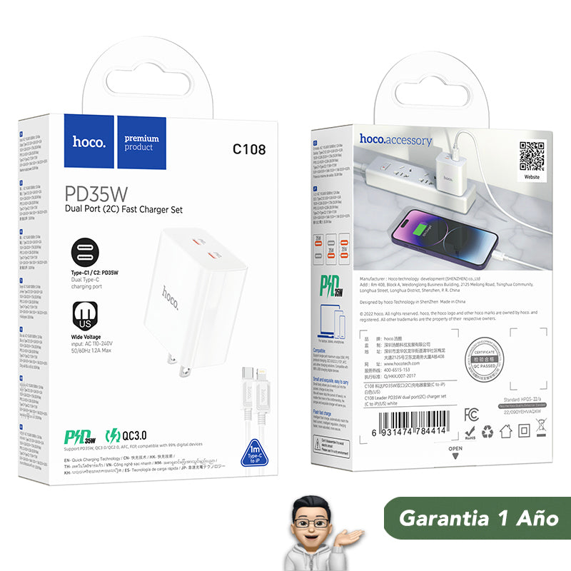 HOCO C108 Cargador Super Rápido 35 Watts + Cable para iPhone