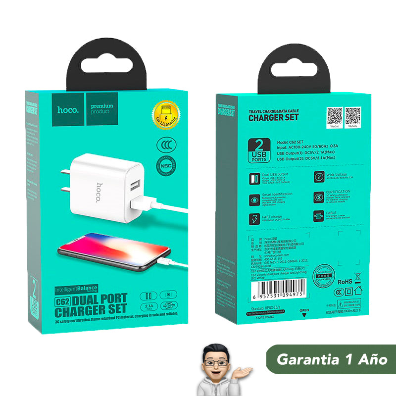 HOCO C62 Cargador Rápido 12 Watts + Cable para iPhone