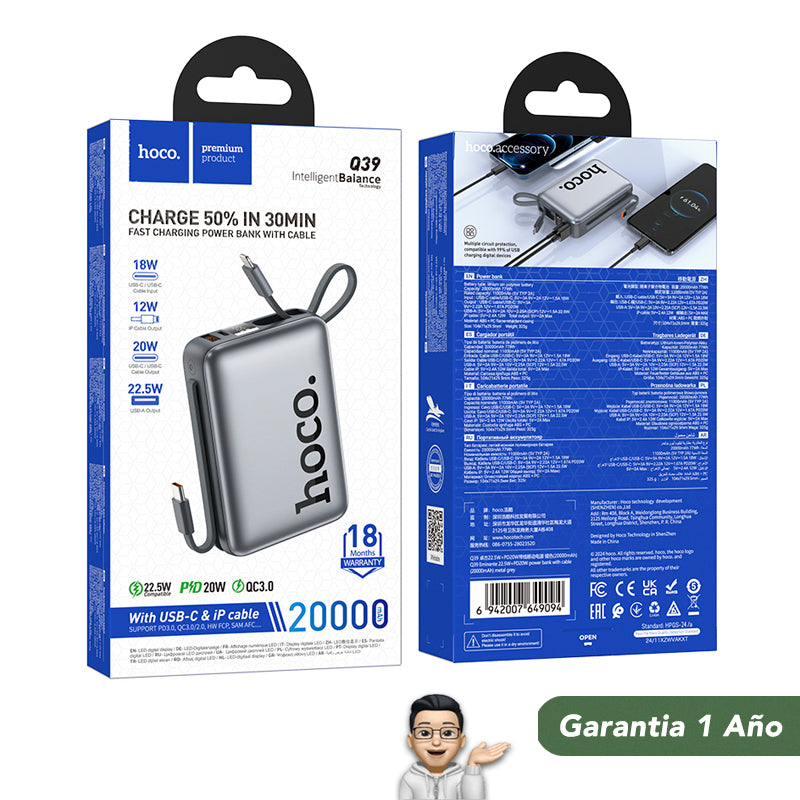 HOCO Q39 de 20000 mAh Carga Rápida con Cable