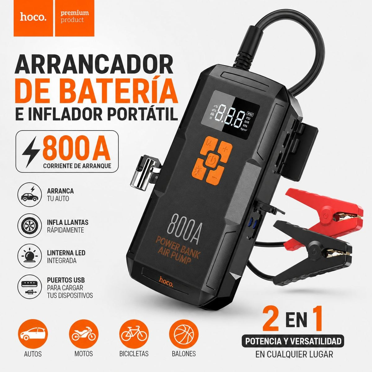 HOCO QS2 Inflador y Arrancador de batería de 8.000 mAh