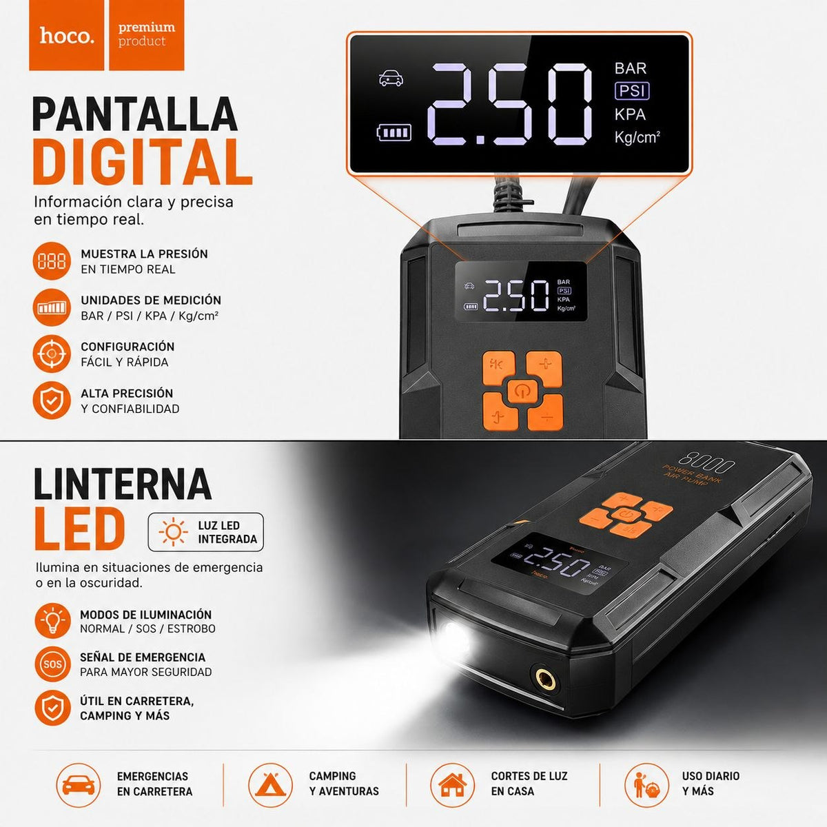 HOCO QS2 Inflador y Arrancador de batería de 8.000 mAh