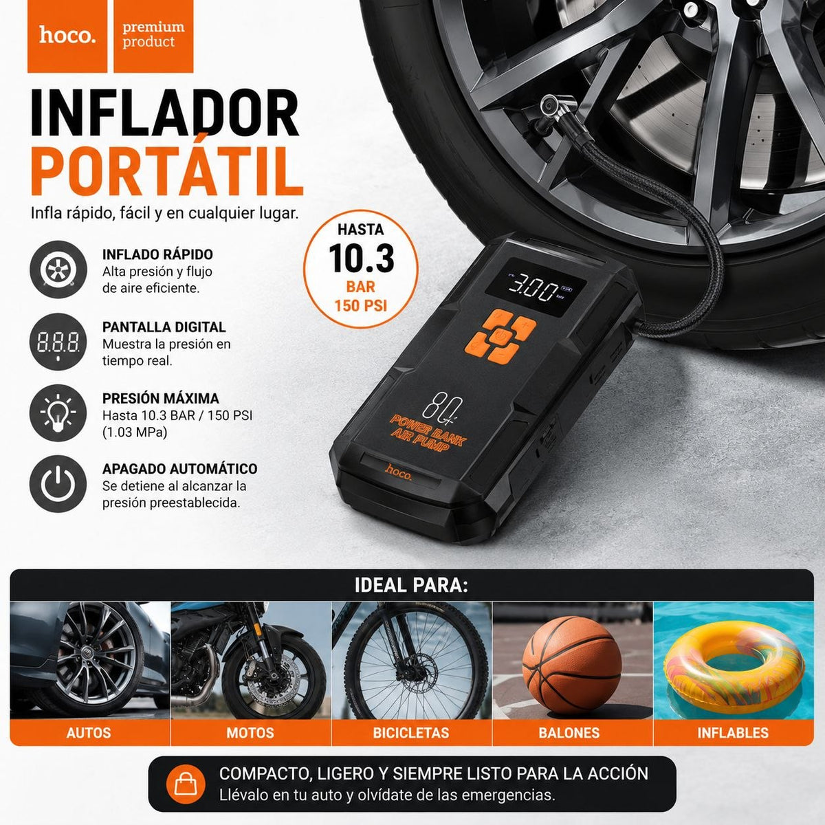 HOCO QS2 Inflador y Arrancador de batería de 8.000 mAh