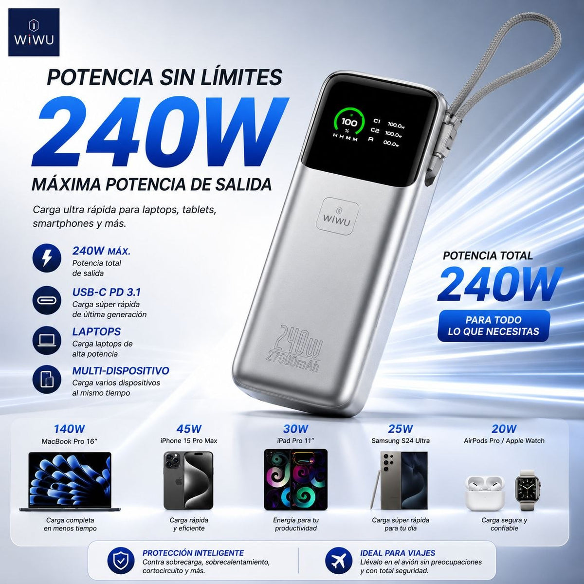 WIWU PM201 de 27000 mAh Carga Rápida 240 Watts