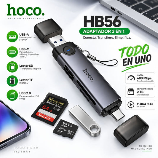 HOCO HB56 Lector de Memoria Tipo C / USB 3en1