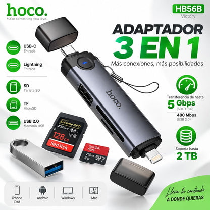 HOCO HB56-B Lector de Memoria Tipo C / Lightning 3en1