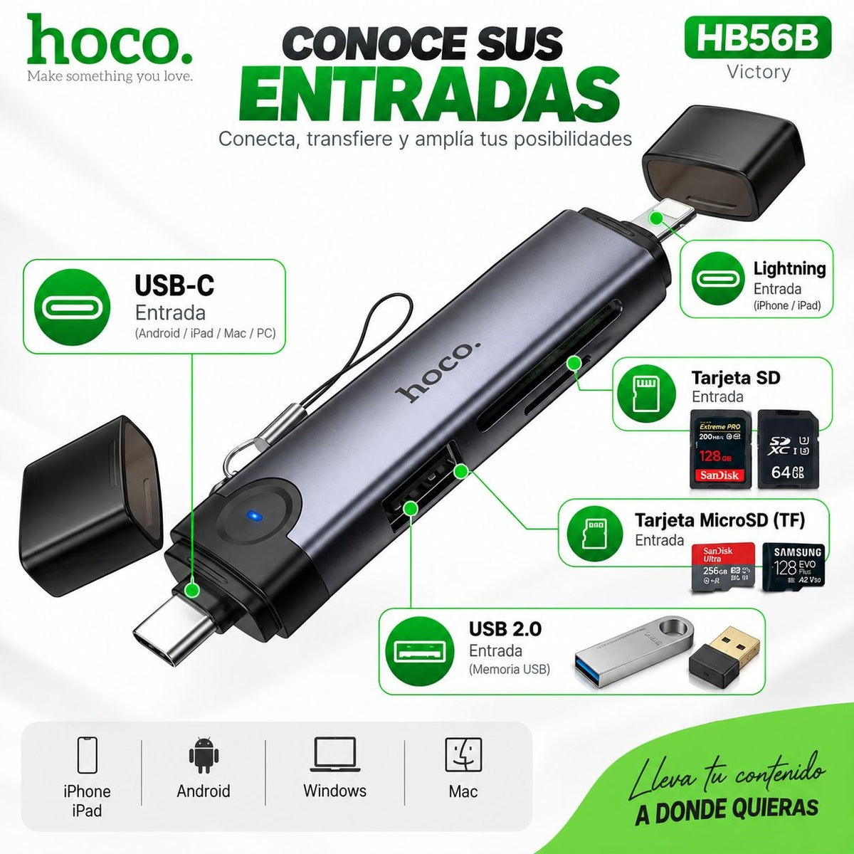 HOCO HB56-B Lector de Memoria Tipo C / Lightning 3en1