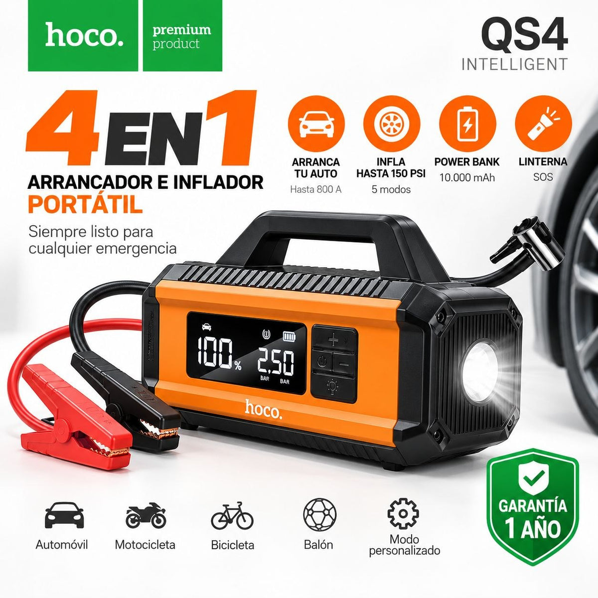 HOCO QS4 Inflador y Arrancador de batería de 10.000 mAh