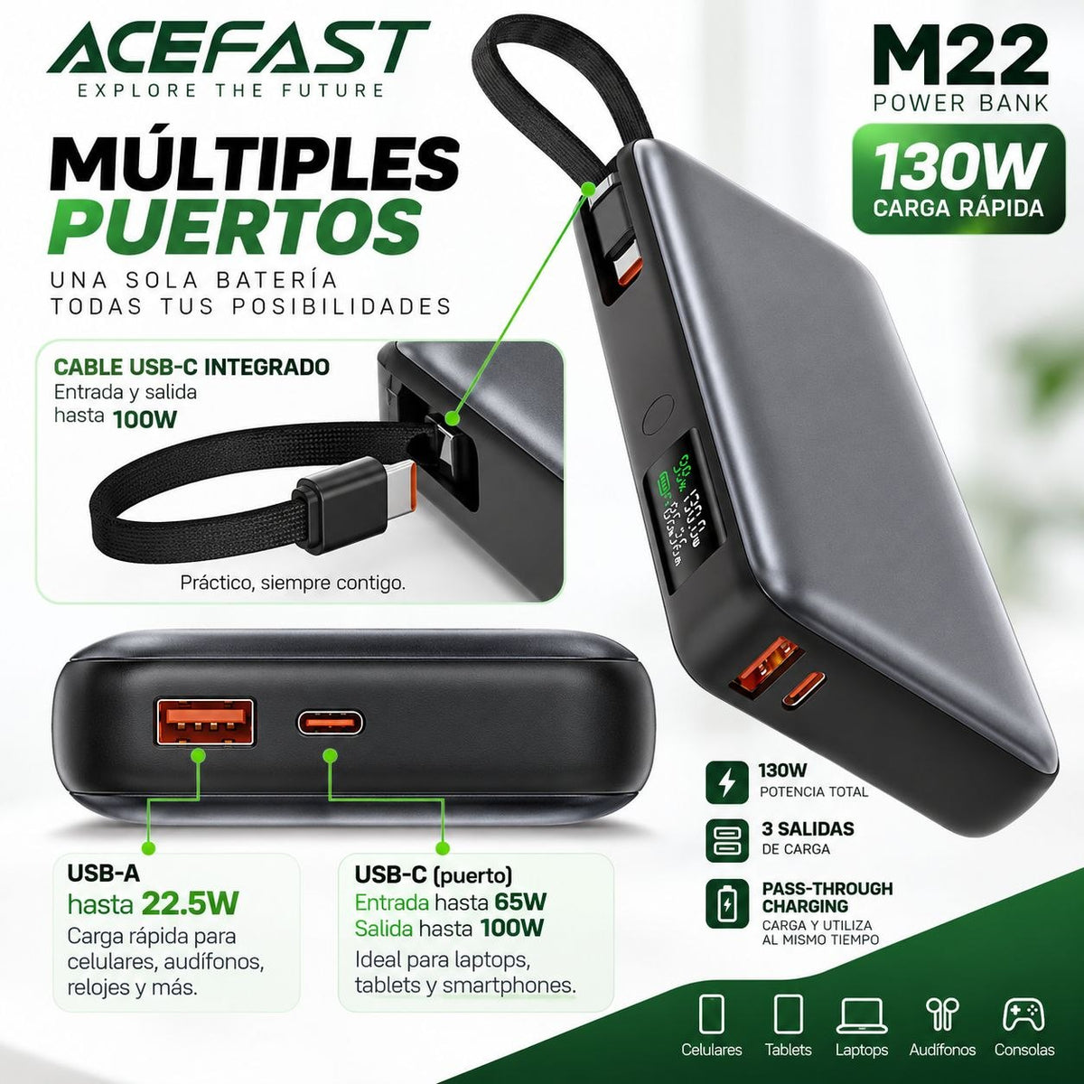 ACEFAST M22 de 20000 mAh Carga Rápida 130W