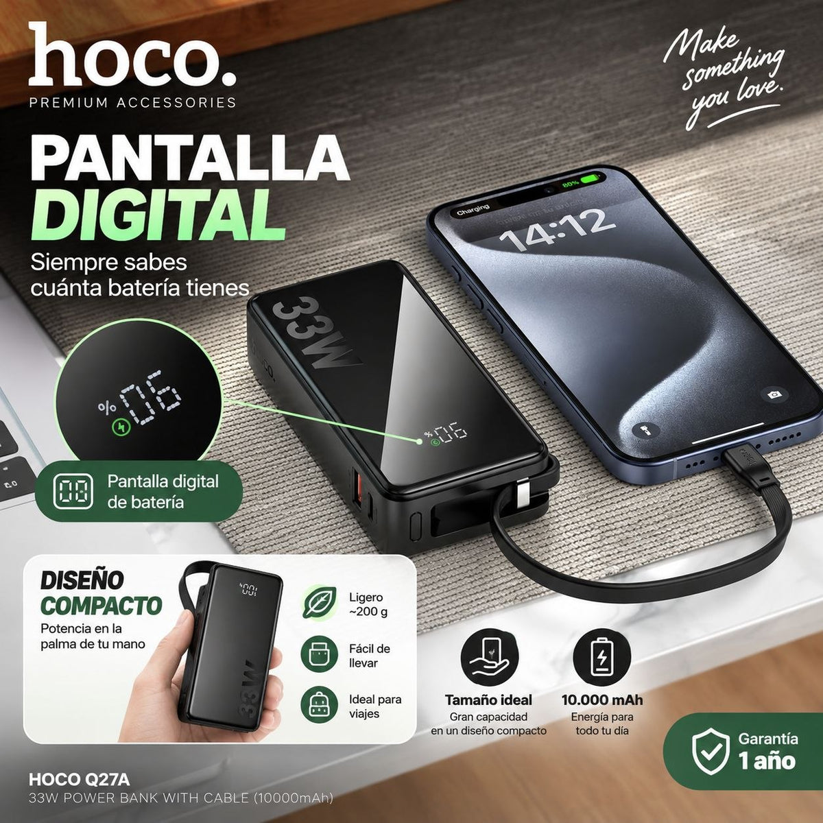 HOCO Q27A de 10000 mAh Carga Rápida con Cable