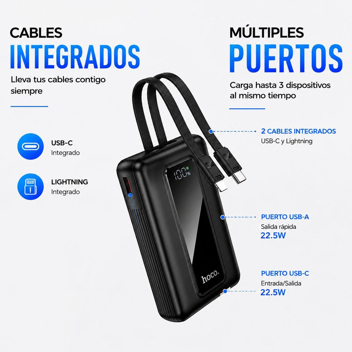 HOCO J162A de 20000 mAh Carga Rápida con Cable