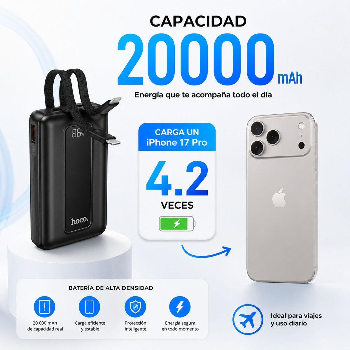 HOCO J162A de 20000 mAh Carga Rápida con Cable