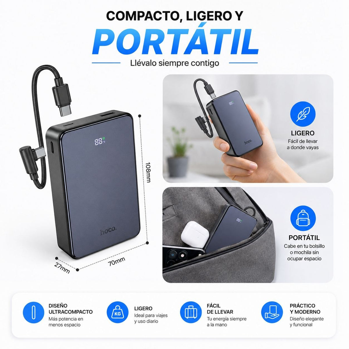 HOCO J170A de 20000 mAh Carga Rápida