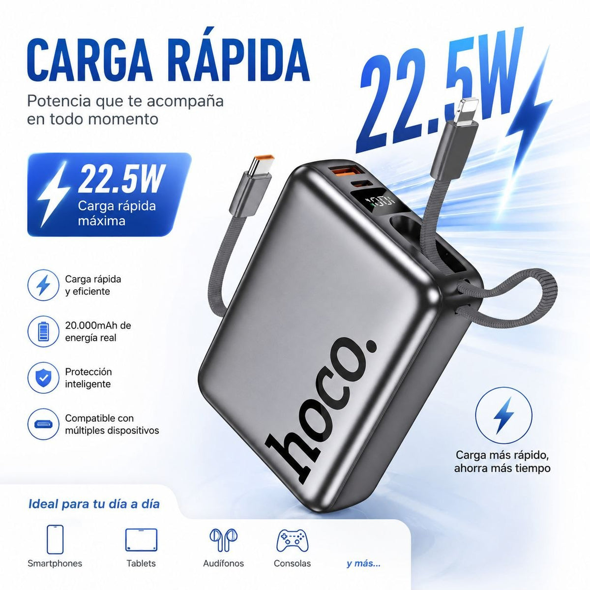 HOCO Q39 de 20000 mAh Carga Rápida con Cable