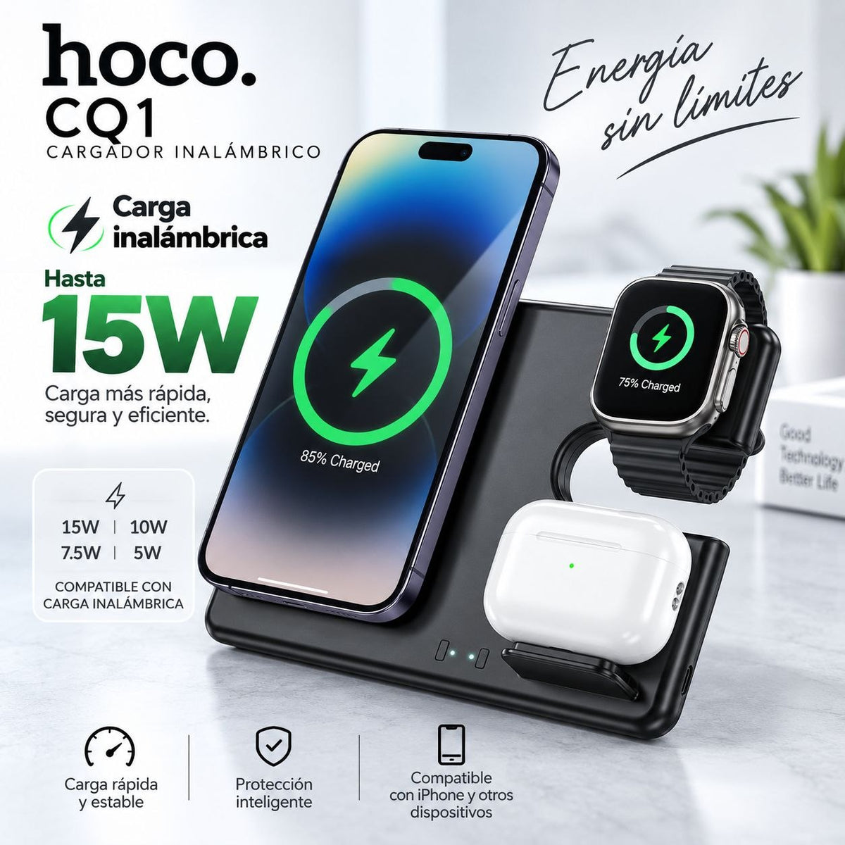 HOCO CQ1 Base inalámbrica 3en1 para iPhone