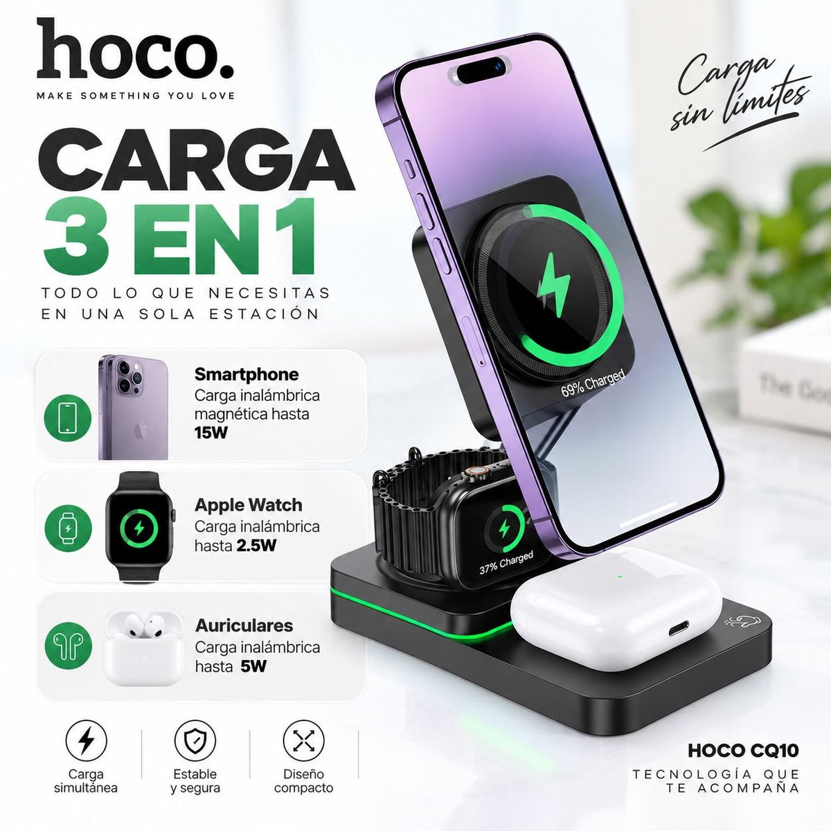 HOCO CQ10 Base inalámbrica 3en1 para iPhone