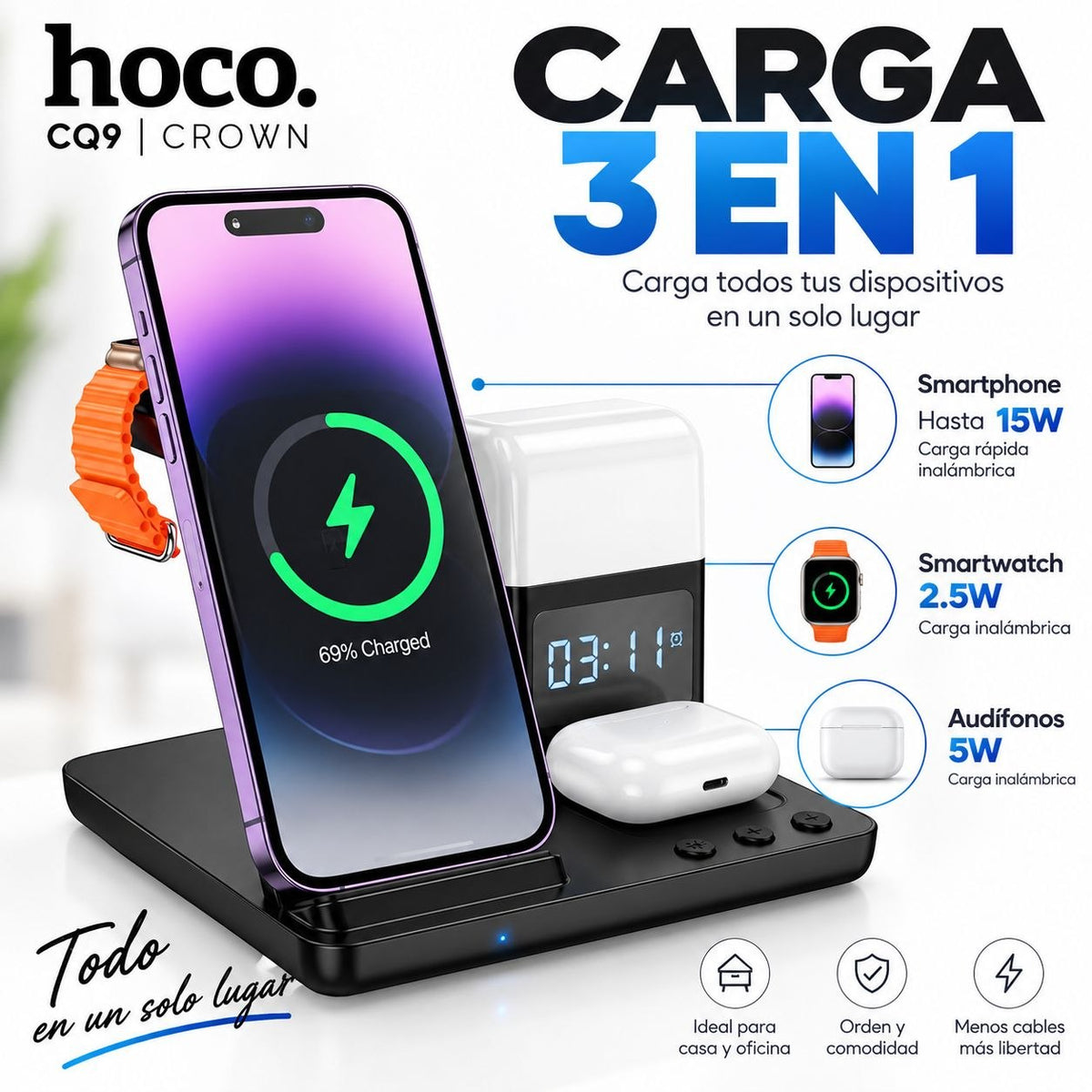 HOCO CQ9 Base inalámbrica 3en1 para iPhone y Samsung