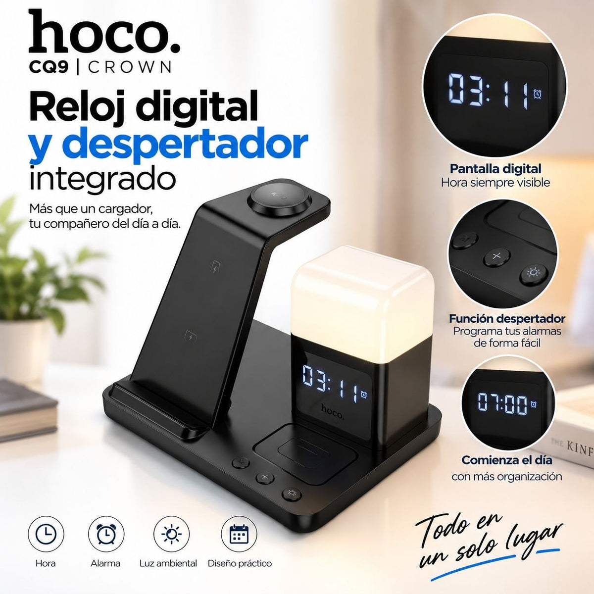 HOCO CQ9 Base inalámbrica 3en1 para iPhone y Samsung