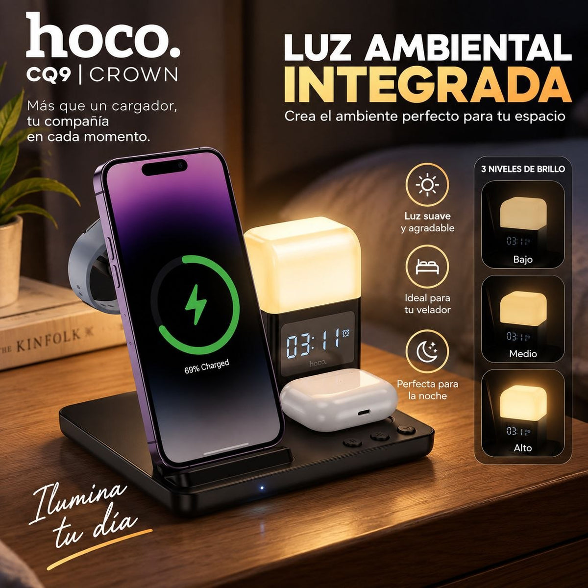 HOCO CQ9 Base inalámbrica 3en1 para iPhone y Samsung