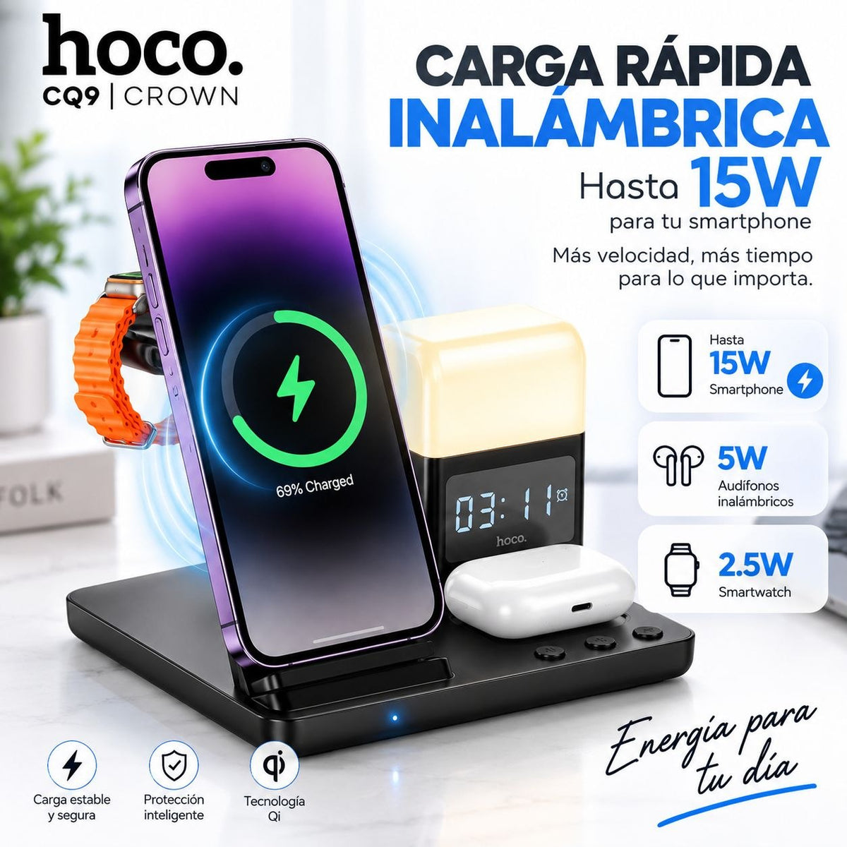 HOCO CQ9 Base inalámbrica 3en1 para iPhone y Samsung