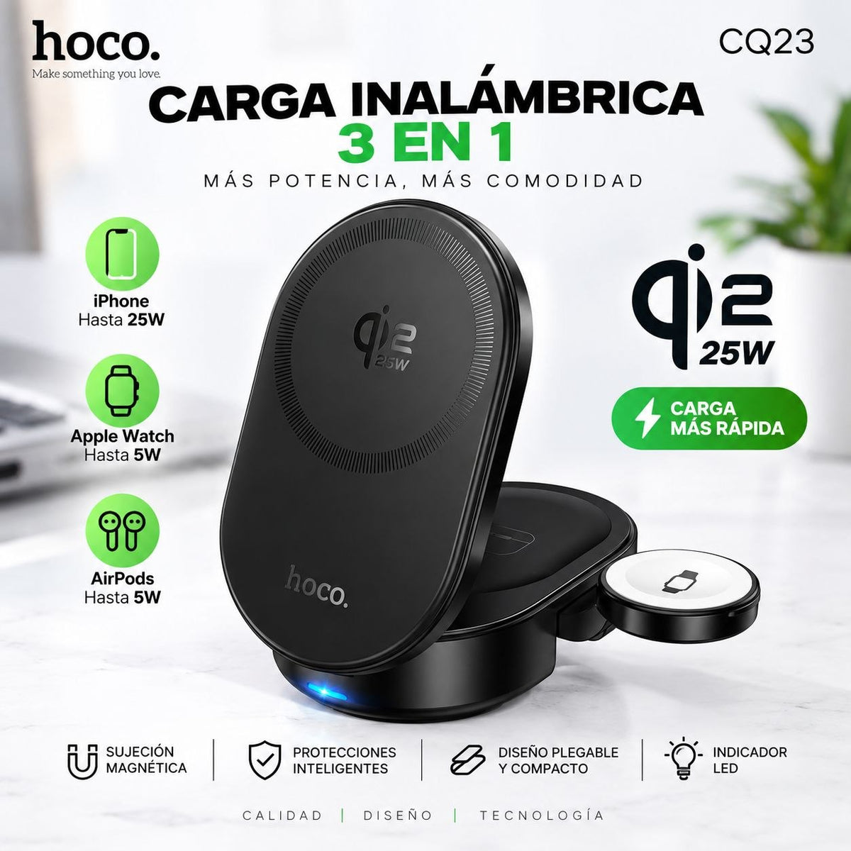 HOCO CQ23 Base inalámbrica Qi2 3en1 para iPhone