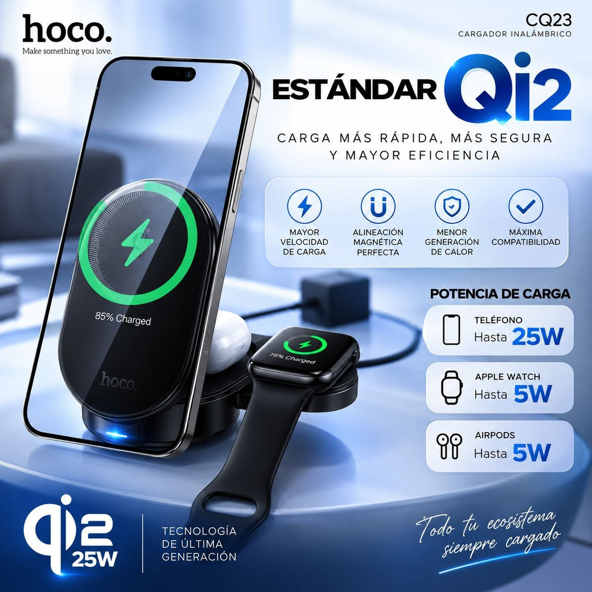 HOCO CQ23 Base inalámbrica Qi2 3en1 para iPhone