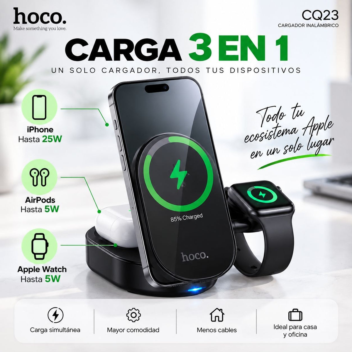 HOCO CQ23 Base inalámbrica Qi2 3en1 para iPhone