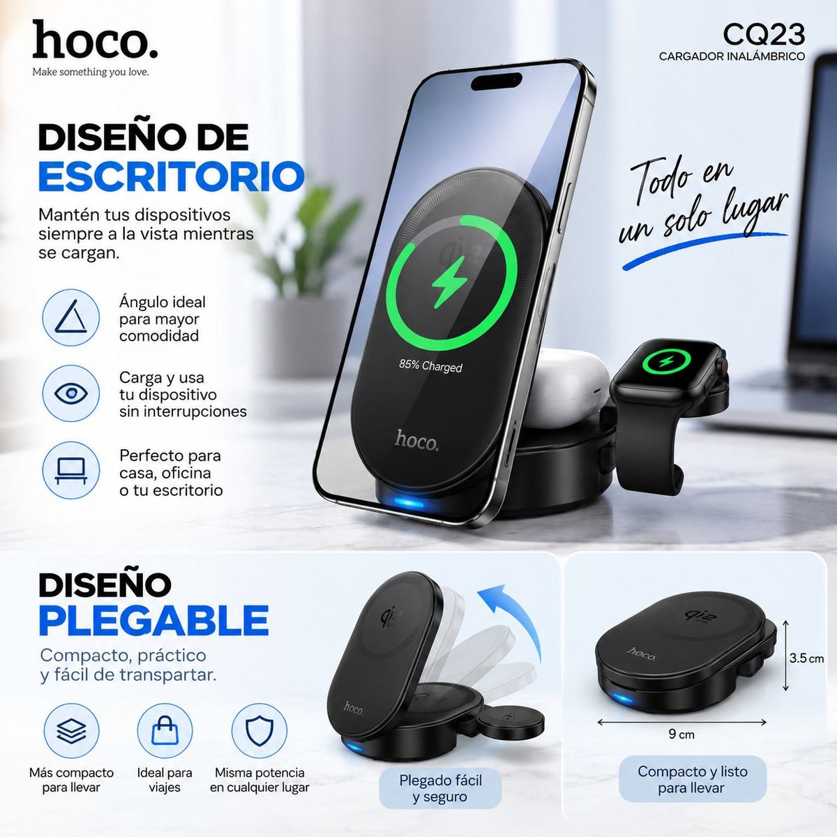 HOCO CQ23 Base inalámbrica Qi2 3en1 para iPhone