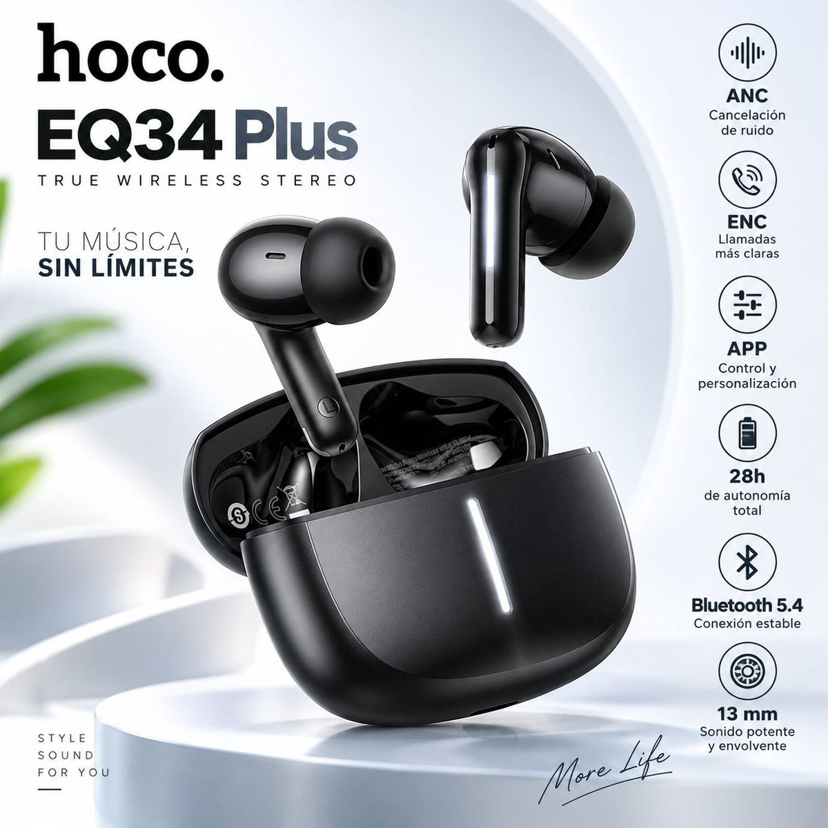 HOCO EQ34 Audífonos TWS con ANC y ENC compatible con APP