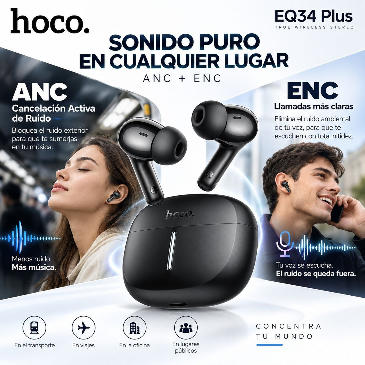 HOCO EQ34 Audífonos TWS con ANC y ENC compatible con APP