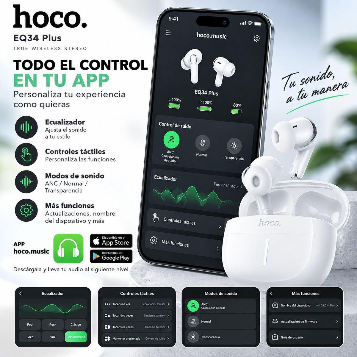 HOCO EQ34 Audífonos TWS con ANC y ENC compatible con APP