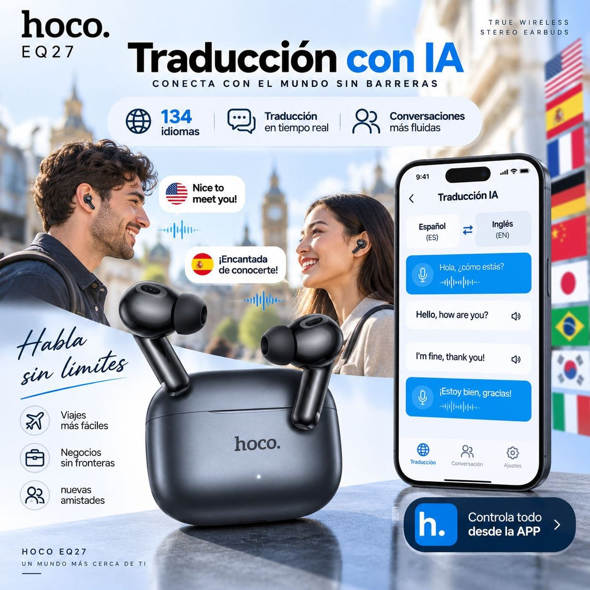 HOCO EQ27 Audífonos TWS Traductor IA con ANC y ENC