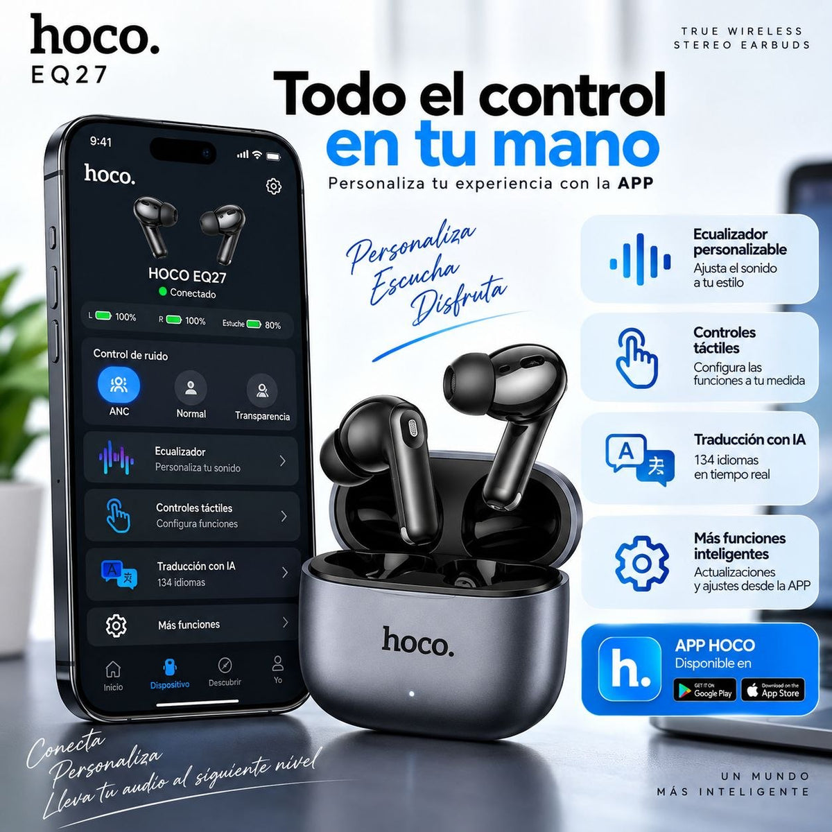 HOCO EQ27 Audífonos TWS Traductor IA con ANC y ENC