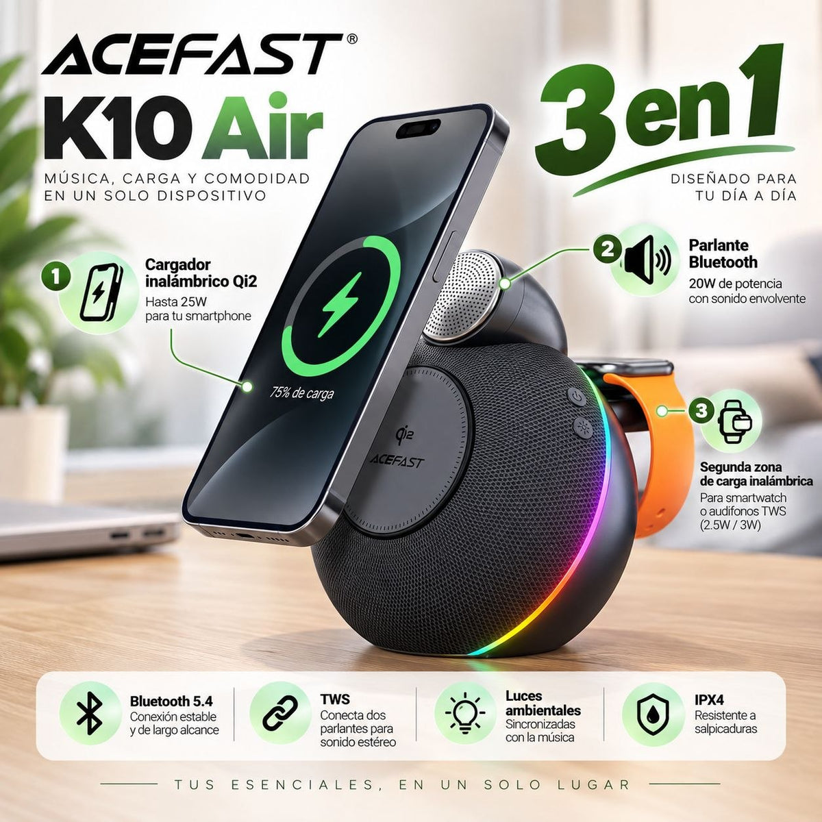 ACEFAST K10 Air Parlante + Cargador Qi2 3en1
