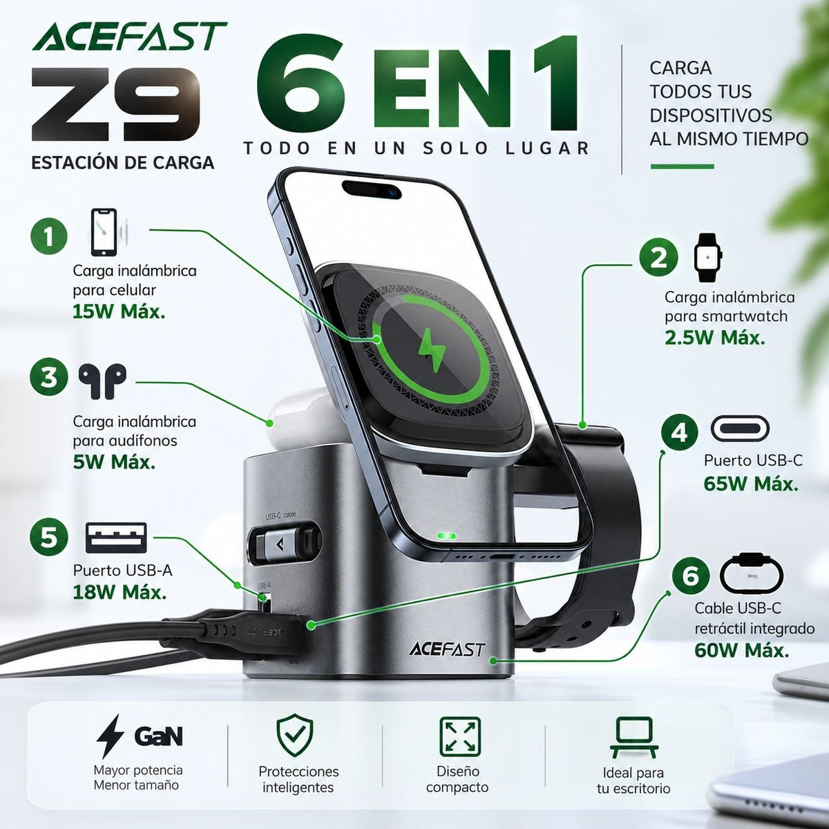 ACEFAST Z9 Estación de Carga 6en1