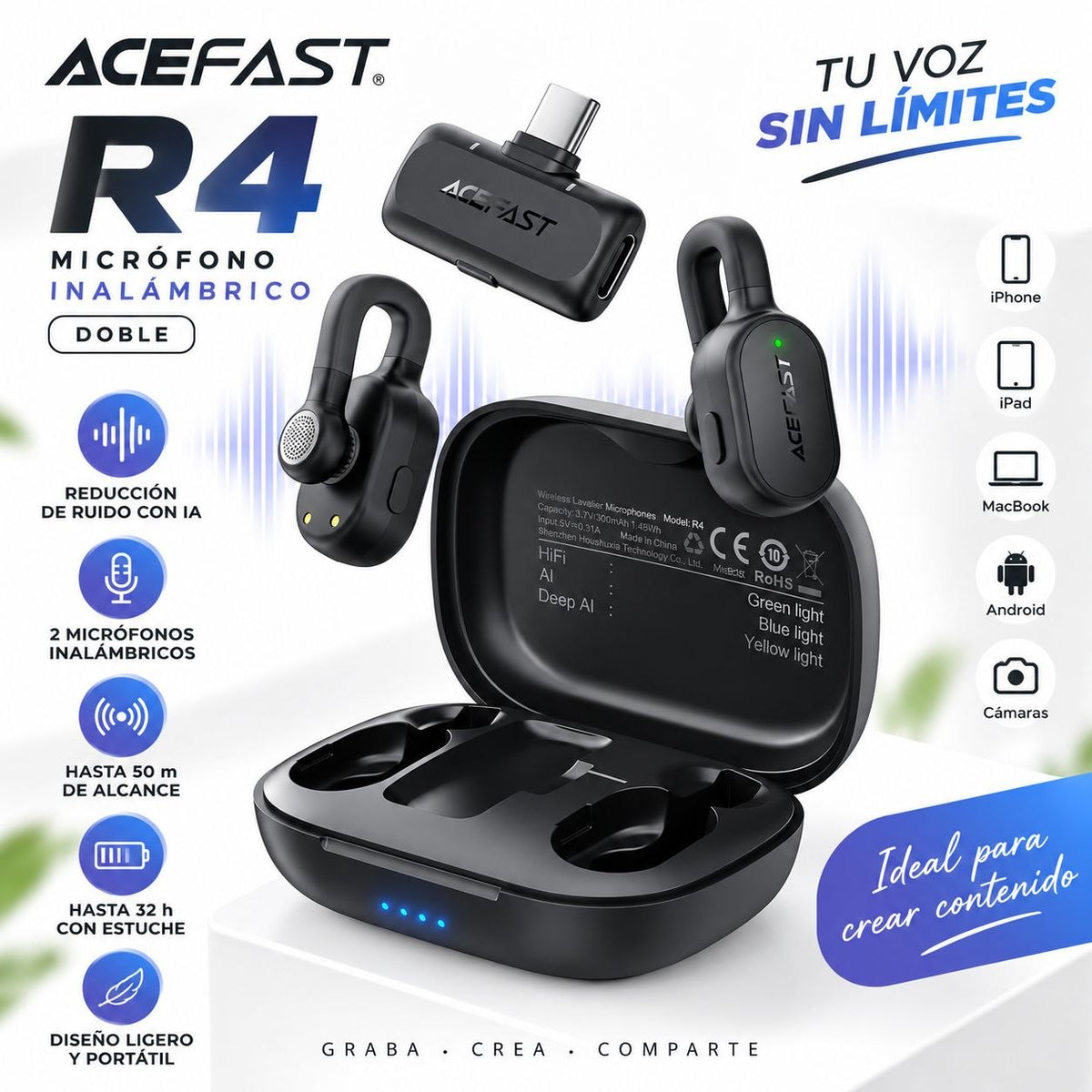 ACEFAST R4 Micrófono Dual de doble receptor de solapa