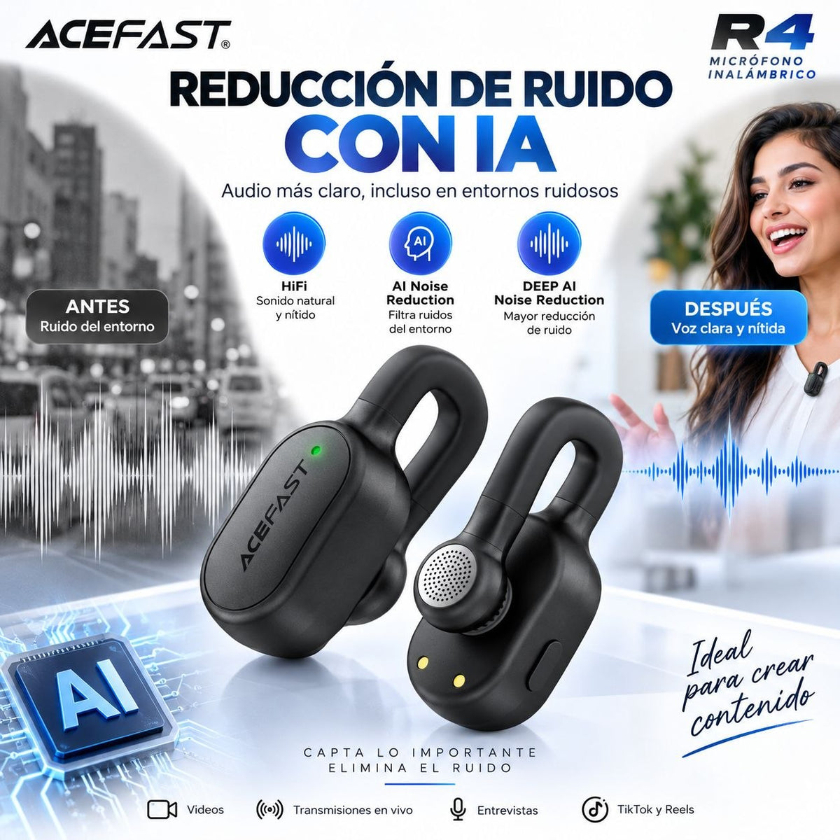 ACEFAST R4 Micrófono Dual de doble receptor de solapa