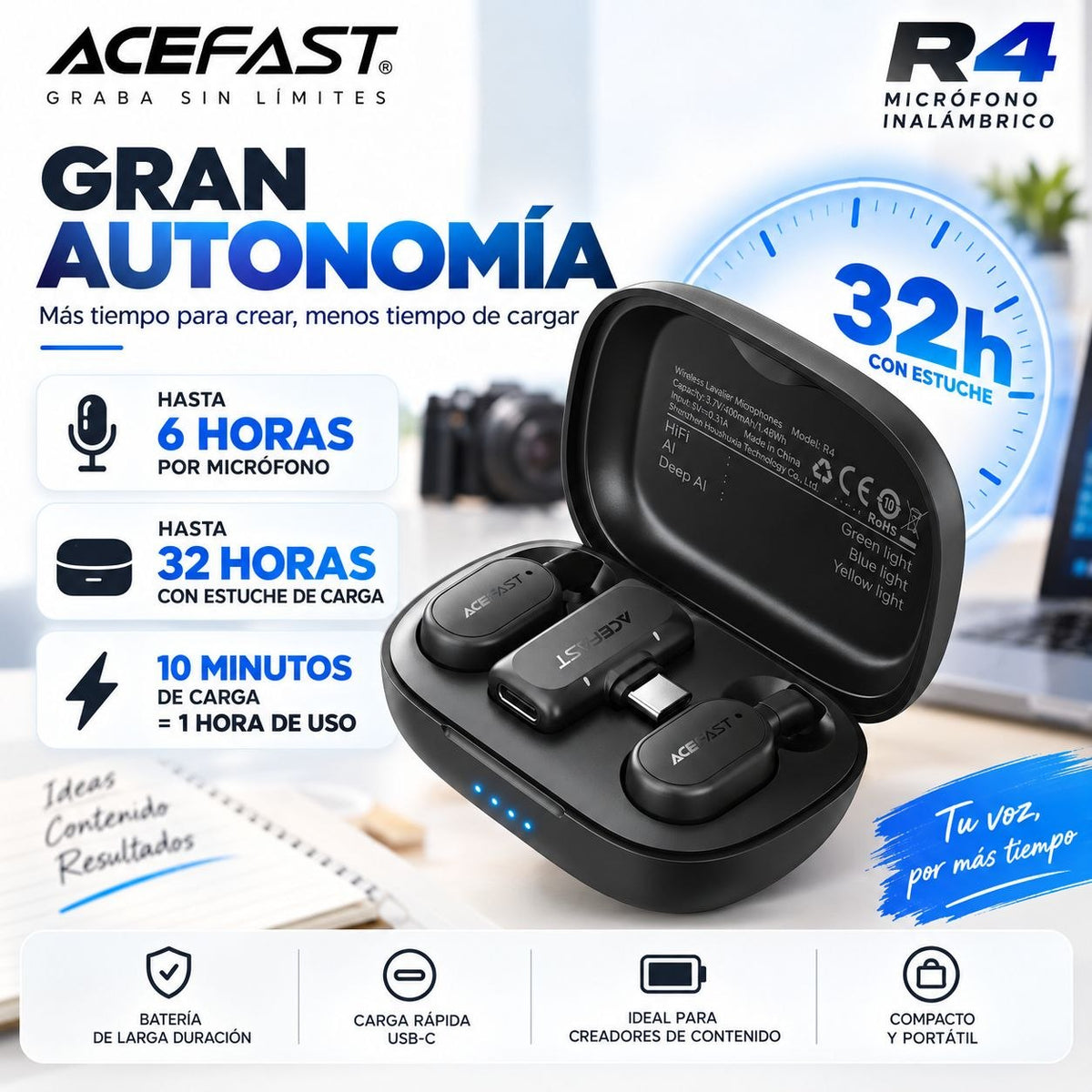 ACEFAST R4 Micrófono Dual de doble receptor de solapa