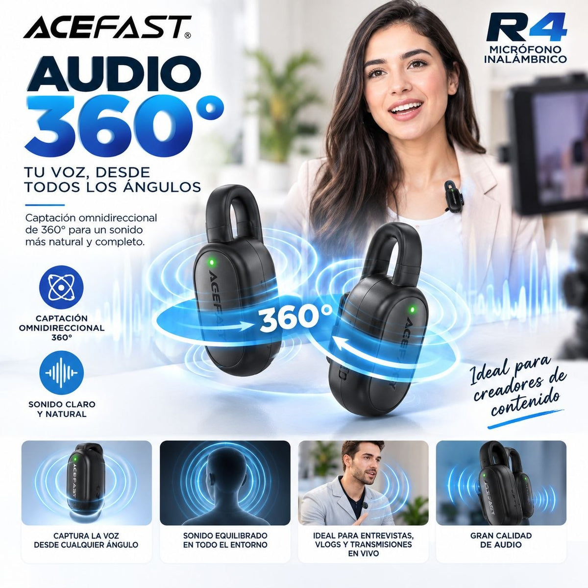 ACEFAST R4 Micrófono Dual de doble receptor de solapa