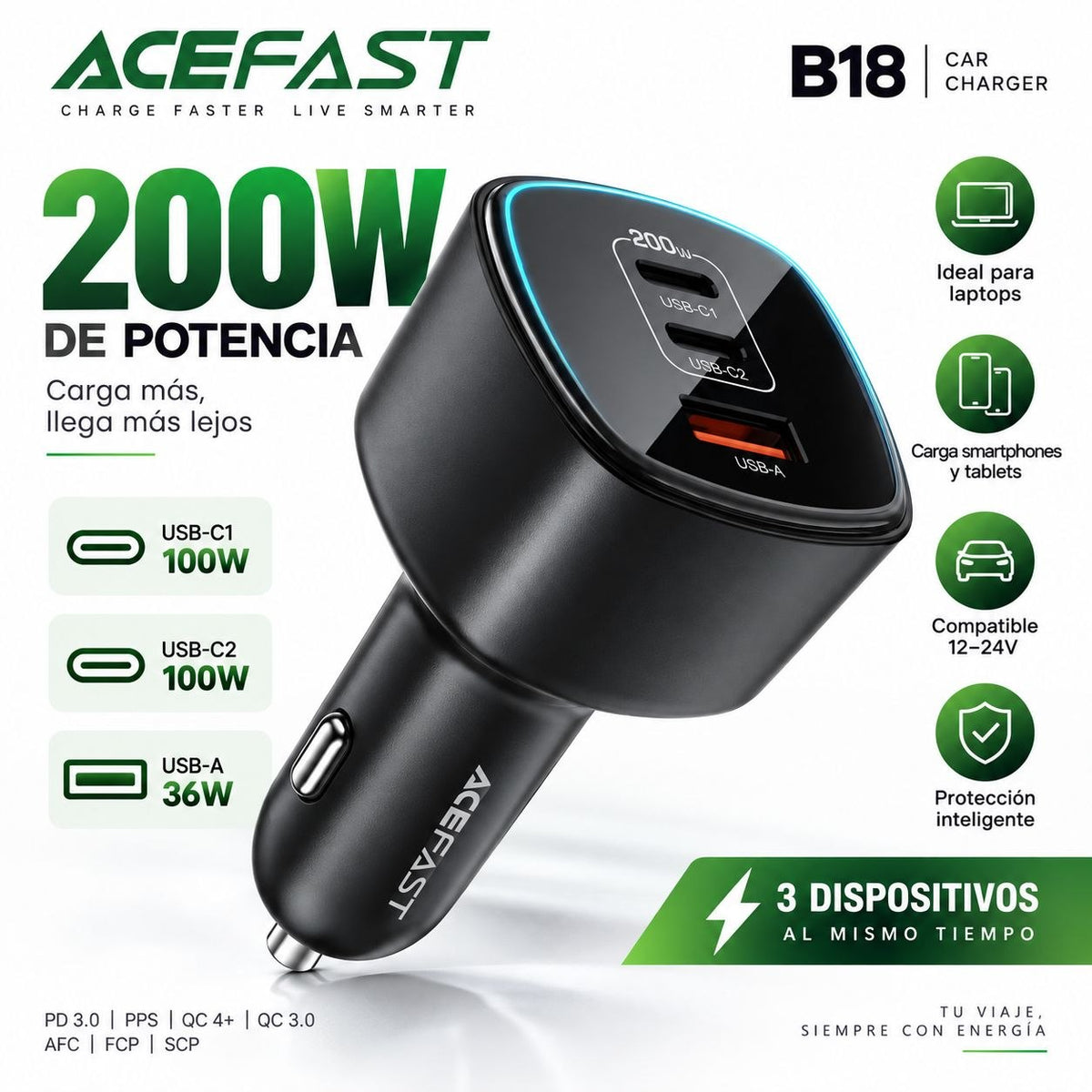 ACEFAST B18 Cargador de Auto Súper Rápido / 200 Watts