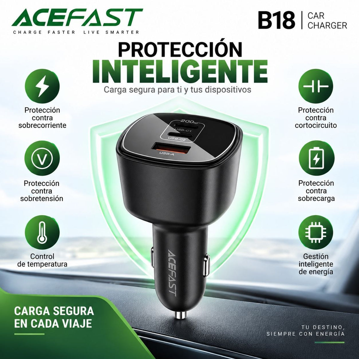 ACEFAST B18 Cargador de Auto Súper Rápido / 200 Watts