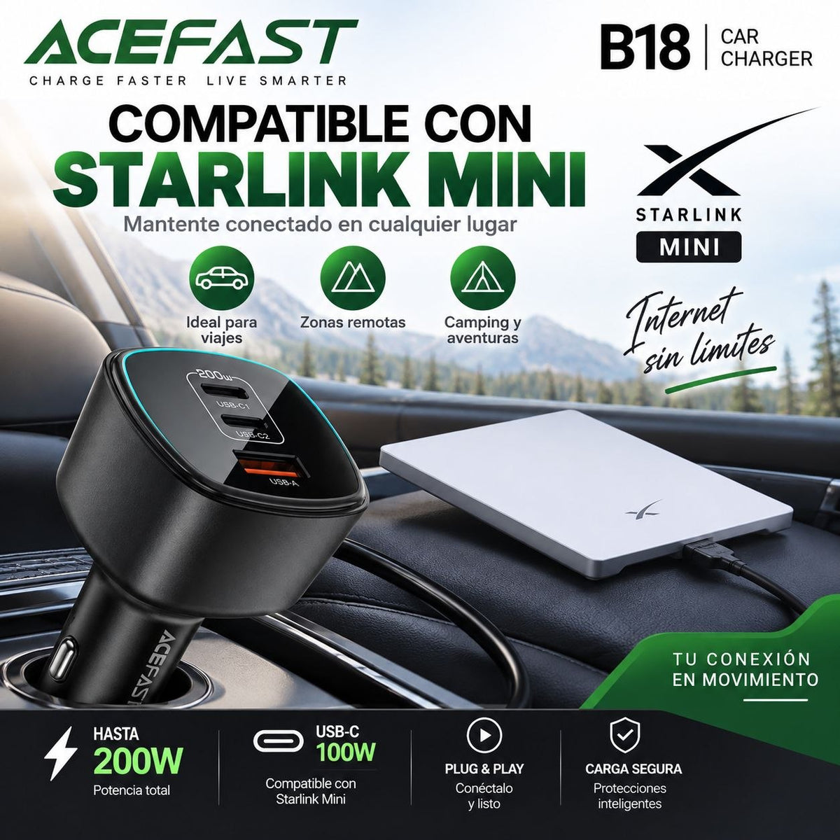ACEFAST B18 Cargador de Auto Súper Rápido / 200 Watts