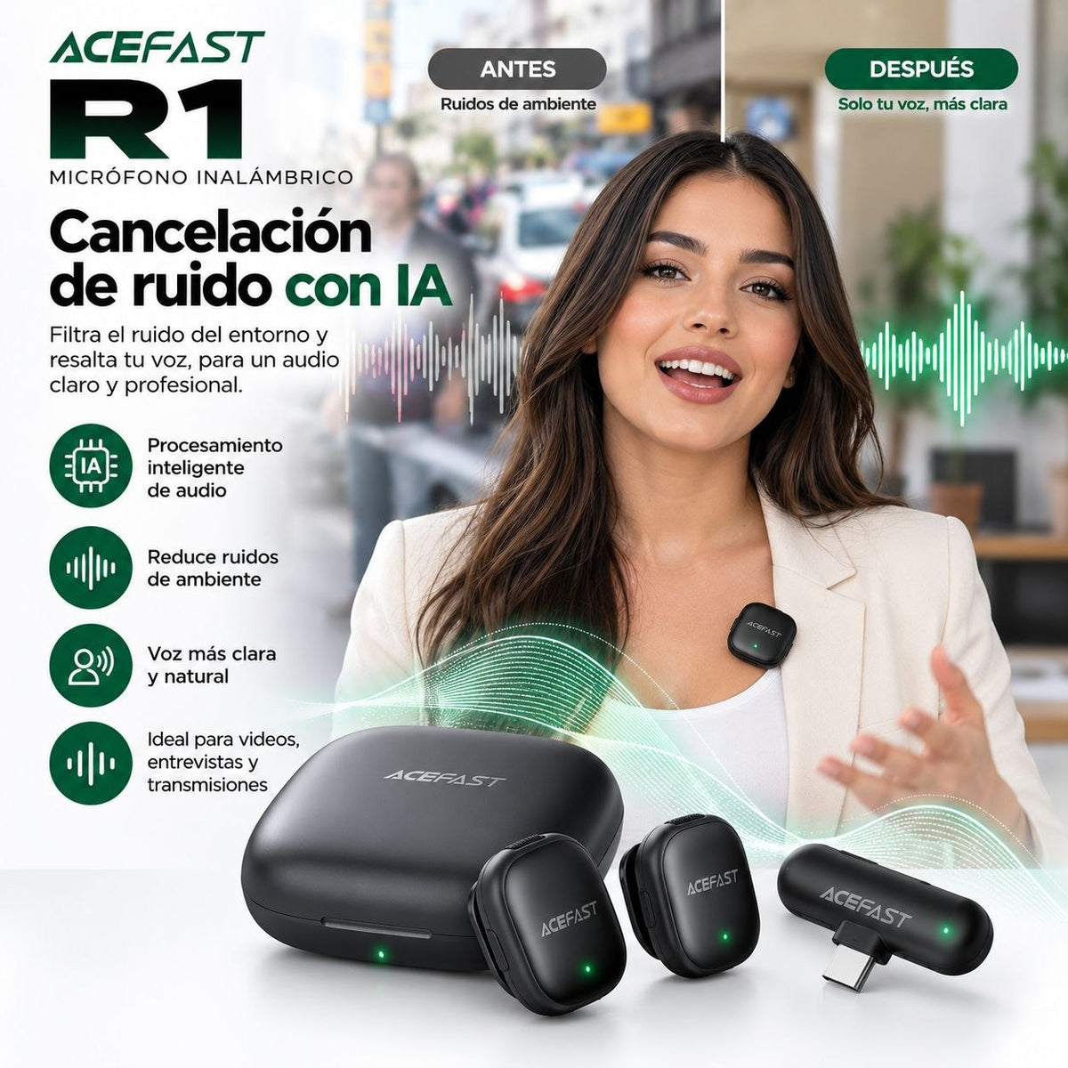 ACEFAST R1 Micrófono Dual de doble receptor de solapa