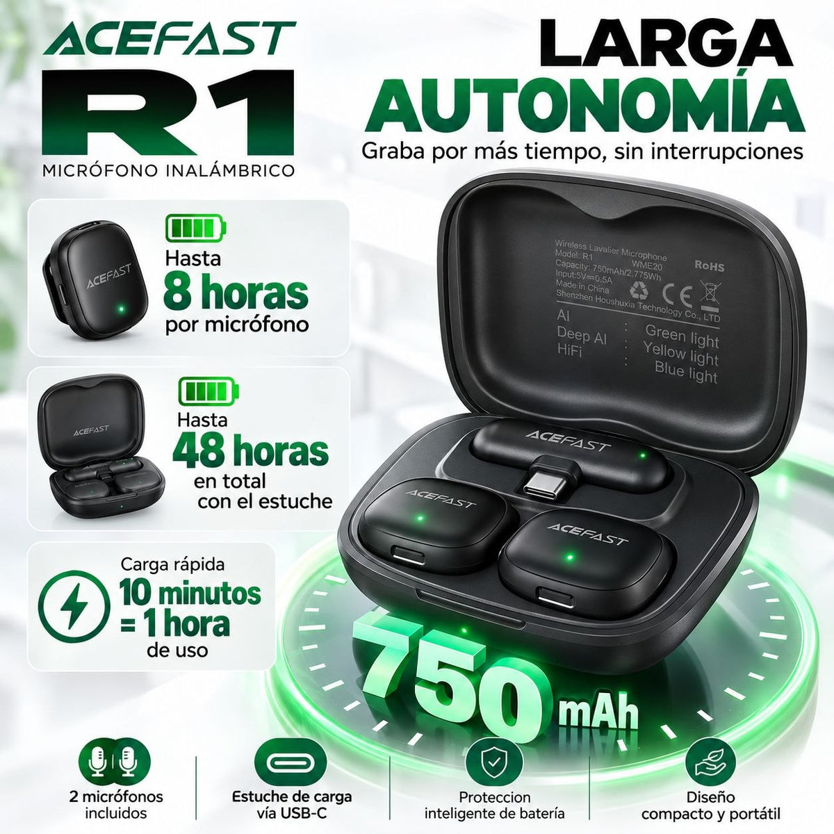ACEFAST R1 Micrófono Dual de doble receptor de solapa
