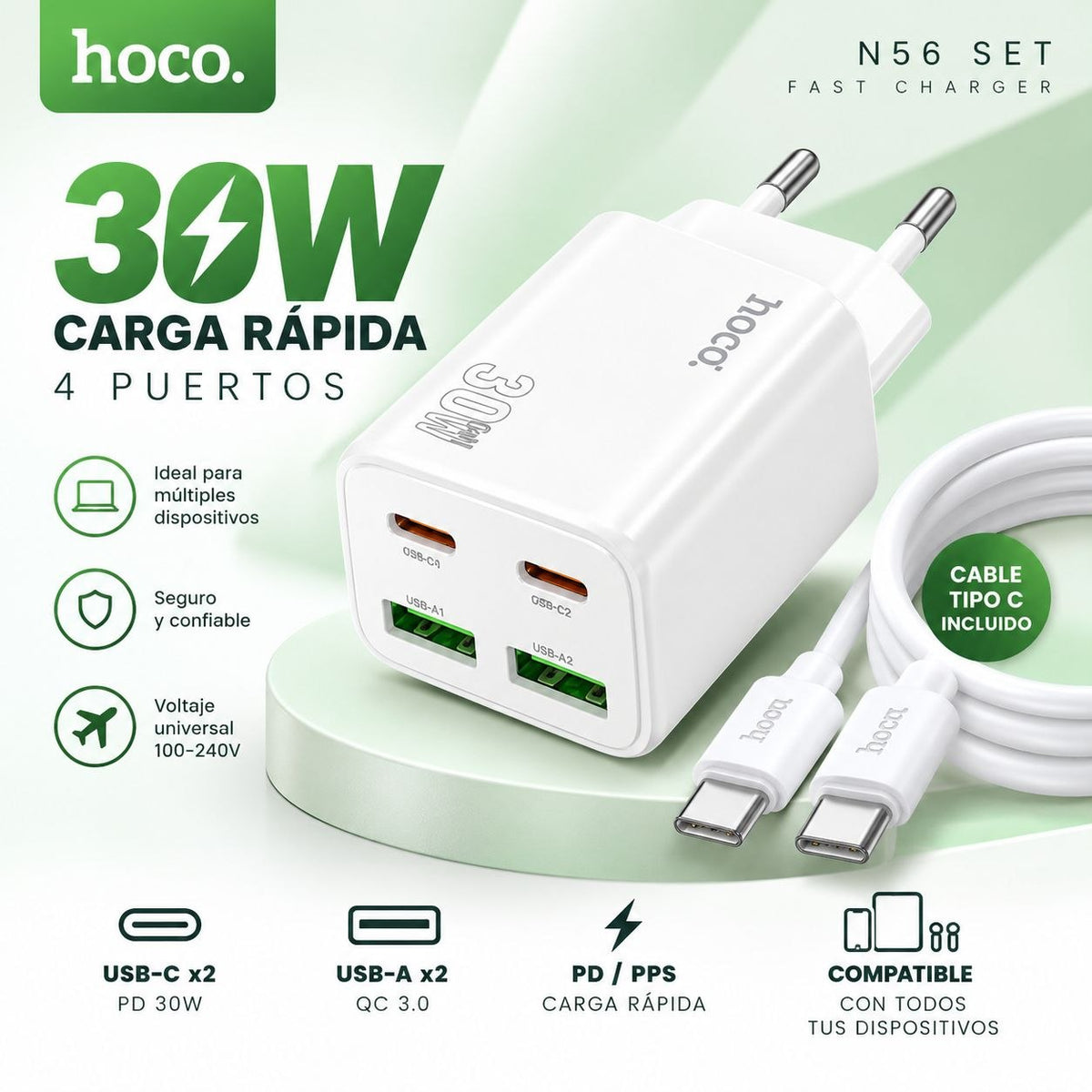 HOCO N56 Cargador Rápido a 30 Watts GaN