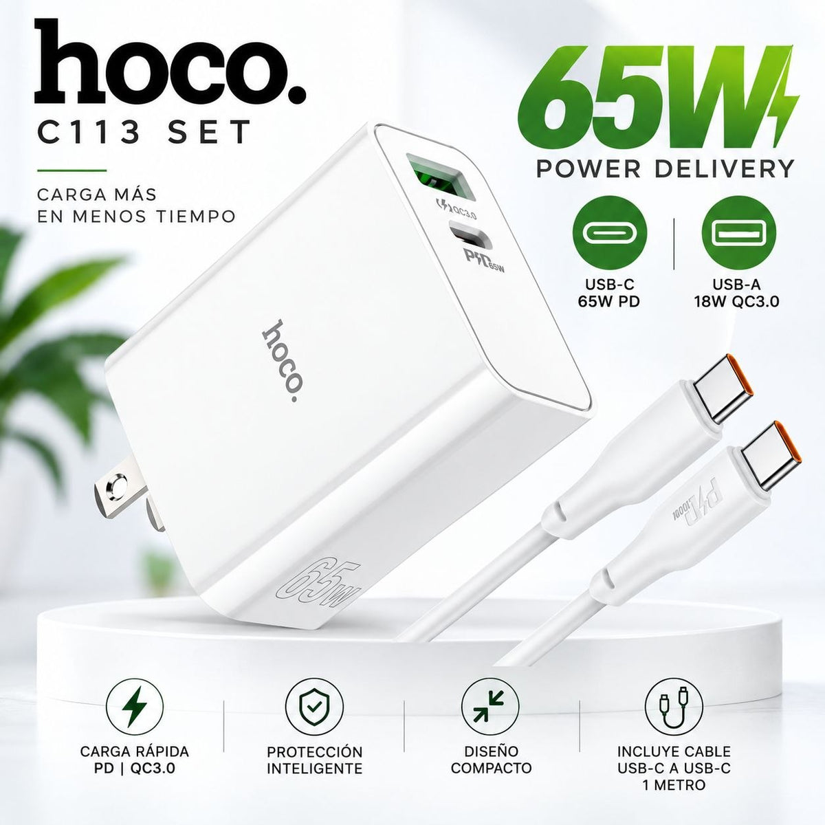 HOCO C113 Cargador Super Rápido 65 Watts + Cable Tipo C