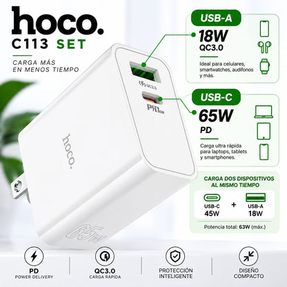 HOCO C113 Cargador Super Rápido 65 Watts + Cable Tipo C