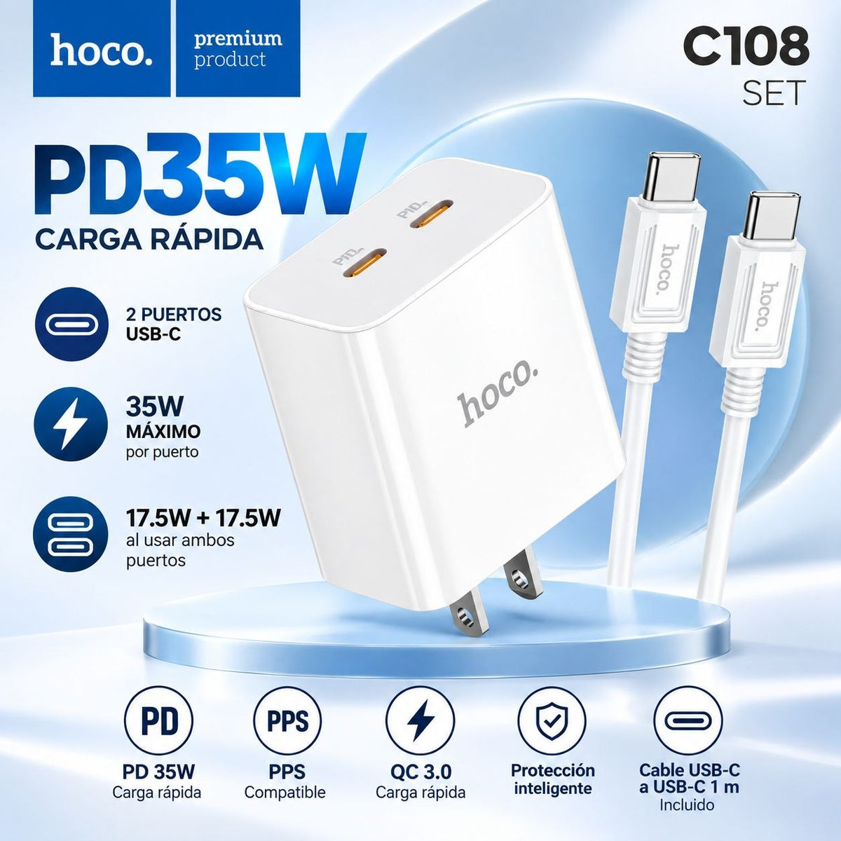 HOCO C108 Cargador Super Rápido 35 Watts + Cable Tipo C
